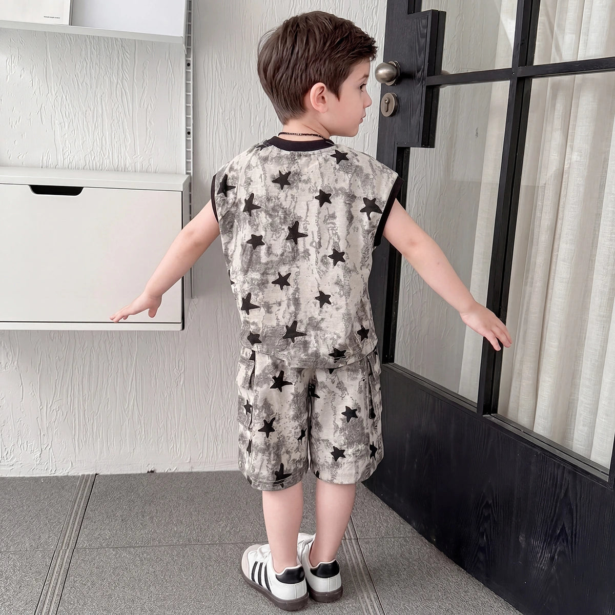 Boys Grey Star Print Sleeveless T-Shirt With Cargo Shorts Sets Sets