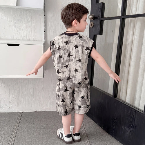 Boys Grey Star Print Sleeveless T-Shirt With Cargo Shorts Sets Sets