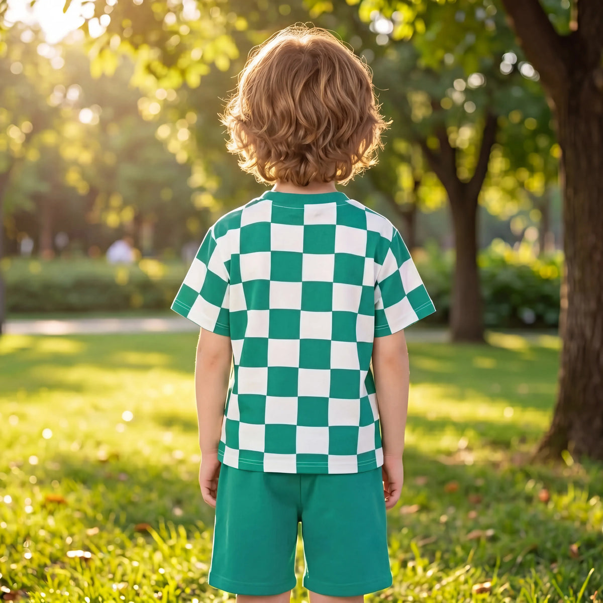 Boys Green Short Sleeve Checked T-Shirt With Shorts Sets 2 pc. Sets