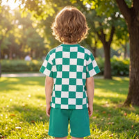 Boys Green Short Sleeve Checked T-Shirt With Shorts Sets 2 pc. Sets