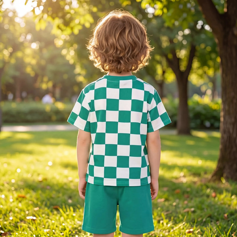 Boys Green Short Sleeve Checked T-Shirt With Shorts Sets 2 pc. Sets