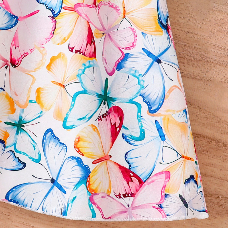 Girls Multicolor Butterfly Print Flutter Sleeve Fit & Flare Dress Casual Dresses