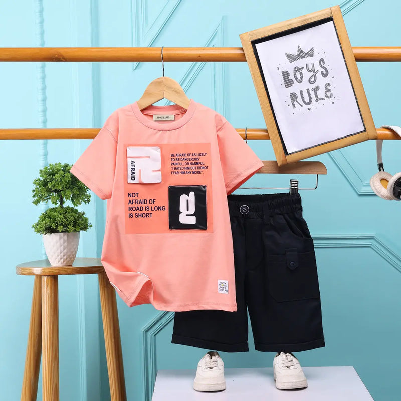 Boys Peach Typographic Printed Short Sleeve T-Shirt With Elasticated Shorts Sets 2 pc. Sets Peach 2-3 Y