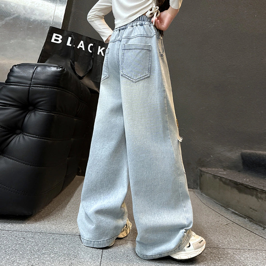 Girls Light Blue Animal Applique Baggy Fit Denim Jeans Pants