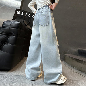 Girls Light Blue Animal Applique Baggy Fit Denim Jeans Pants