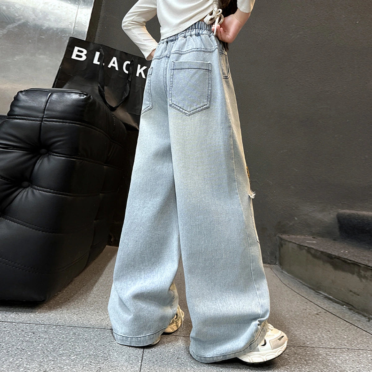 Girls Light Blue Animal Applique Baggy Fit Denim Jeans Pants