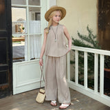 Girls Khaki Textured Summer Sleeveless Top With Pants Set
