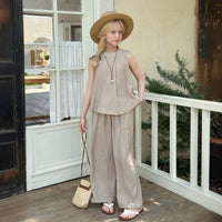 Girls Khaki Textured Summer Sleeveless Top With Pants Set 2 pc. Sets Khaki 5-6 Y