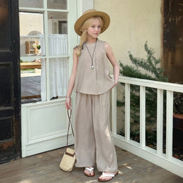 Girls Khaki Textured Summer Sleeveless Top With Pants Set 2 pc. Sets Khaki 5-6 Y