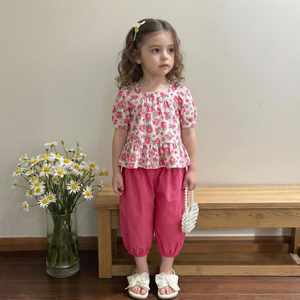 Girls Pink Floral Print Peplum Top With Cropped Pants Set Sets Pink 1-2 Y