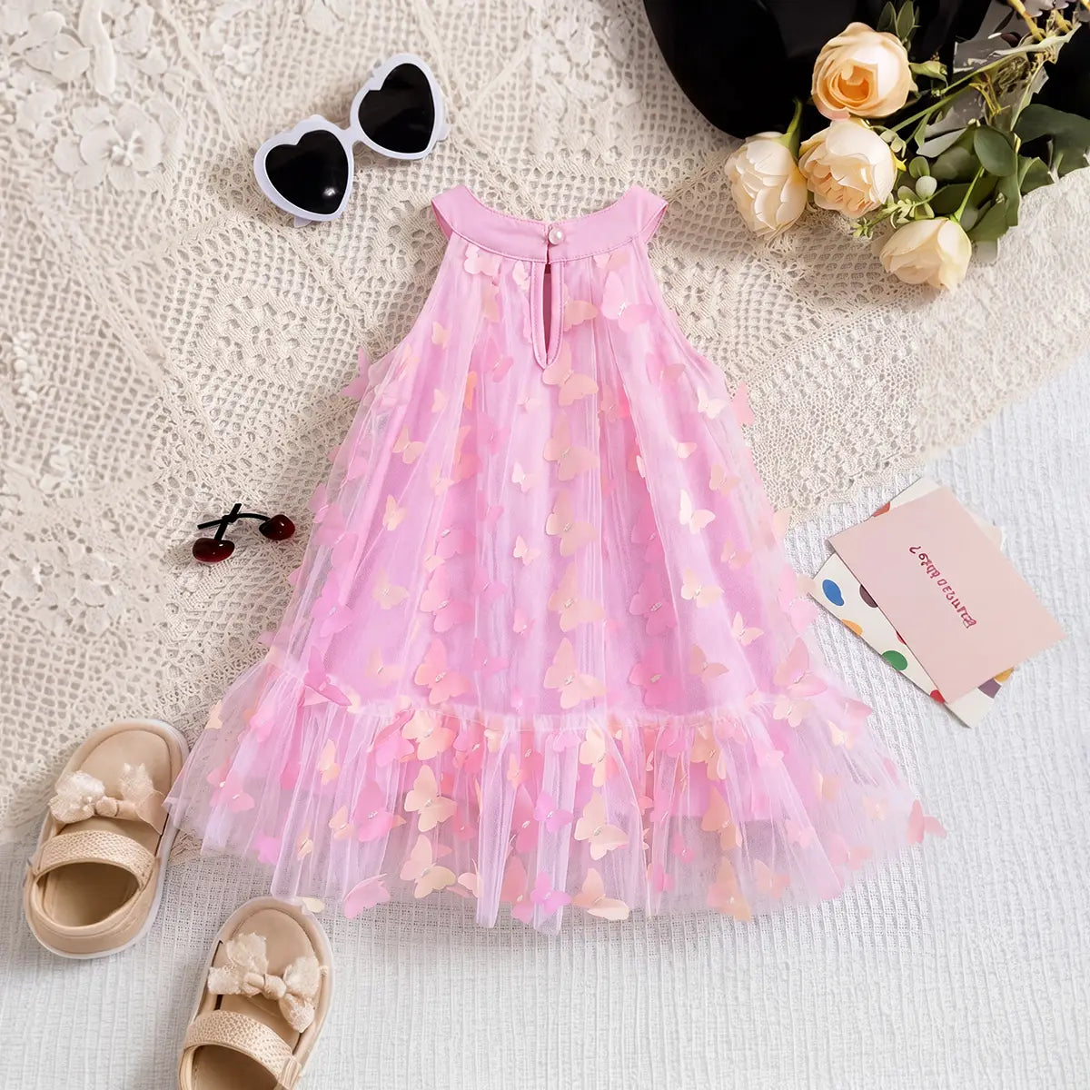 Girls Pink Butterfly Applique Sleeveless A-line Party Dress Party Dresses