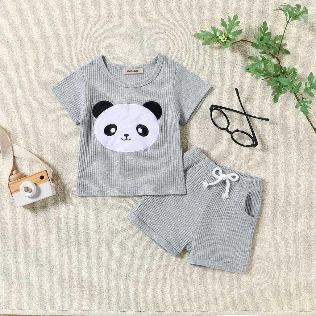 Boys Short Sleeve Panda Embroidery T-Shirt With Shorts Set