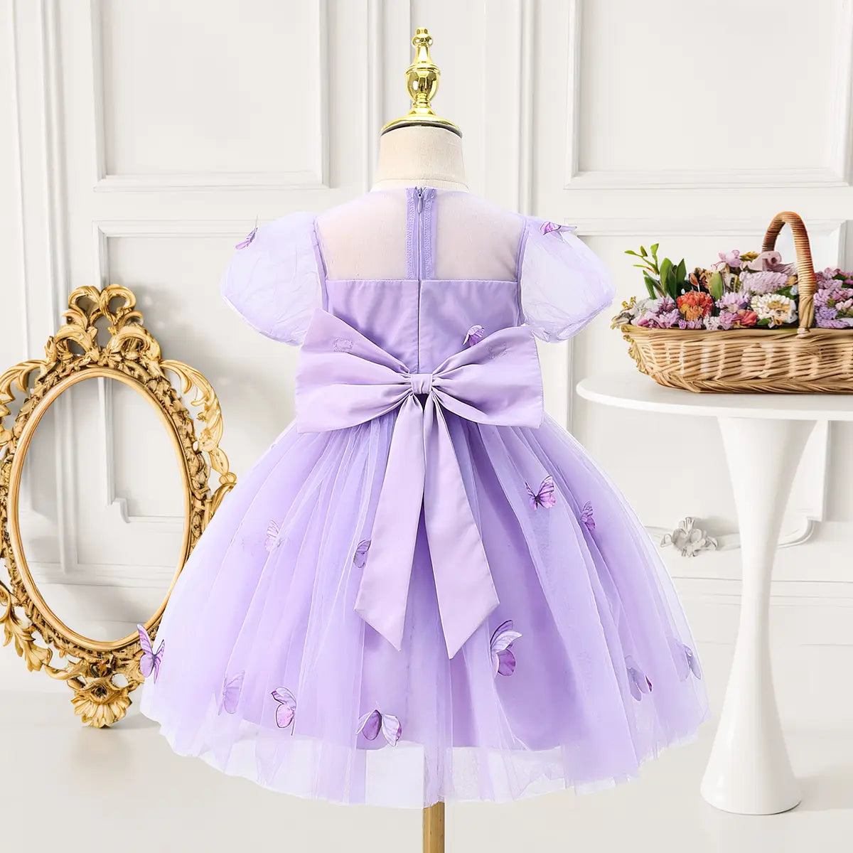 Girls Purple Butterfly Applique Tulle Overlay Fit & Flare Party Dress With Puff Sleeves Party Dresses