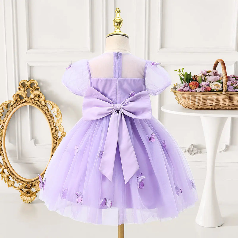 Girls Purple Butterfly Applique Tulle Overlay Fit & Flare Party Dress With Puff Sleeves Party Dresses