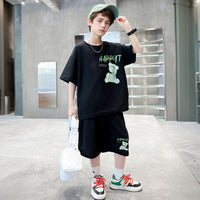 Boys Black Teddy Bear Printed Summer Oversized T-shirt With Bermuda Set 2 pc. Sets Black 5-6 Y