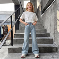 Girls Light Blue Braided Front Seam Relaxed Fit Denim Jeans Pants Blue 5-6 Y