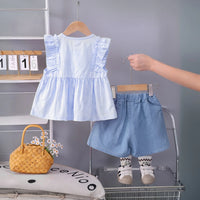 Girls Light Blue Self Design Top With Pleated Denim Shorts Set Sets