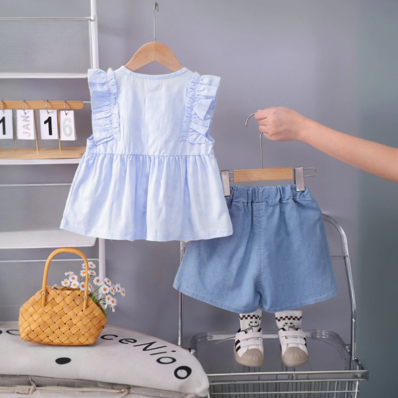 Girls Light Blue Self Design Top With Pleated Denim Shorts Set Sets