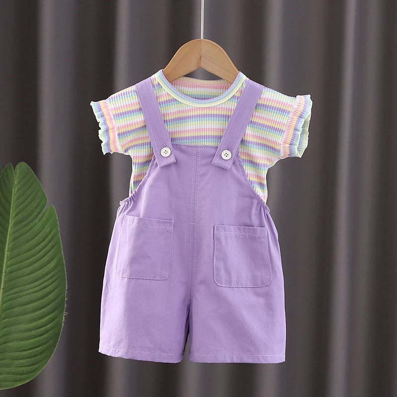 Girls Purple Multistripe T-shirt with Dungaree Set Sets Purple 1-2 Y 