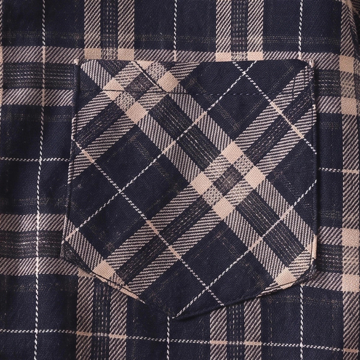 Boys Navy Blue Checked Long Sleeve Hooded Shirt Shirts