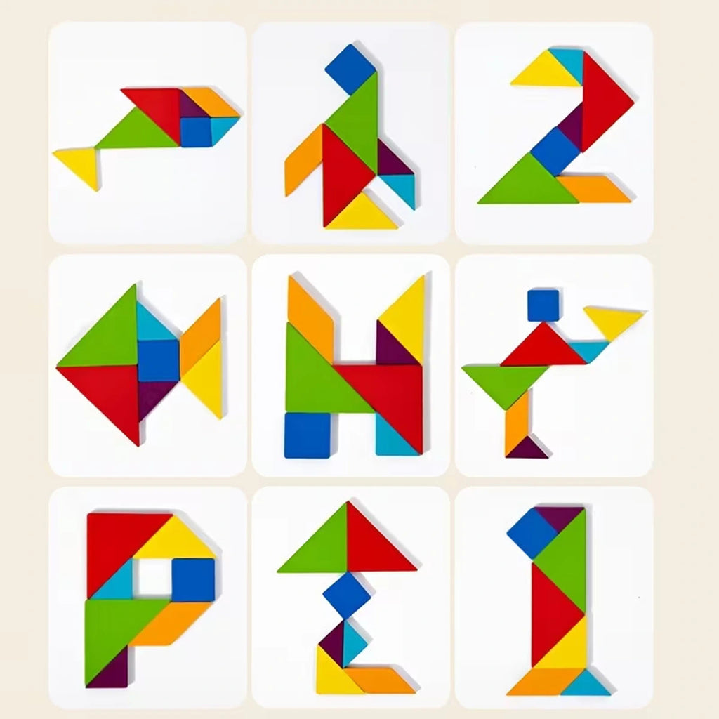 Kids Multicolor Wooden Tangram Puzzle Set with Cards Trending Accessories