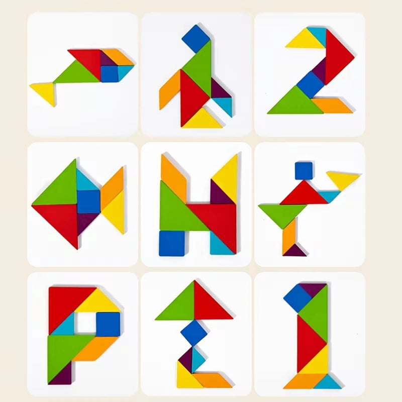 Kids Multicolor Wooden Tangram Puzzle Set with Cards Trending Accessories