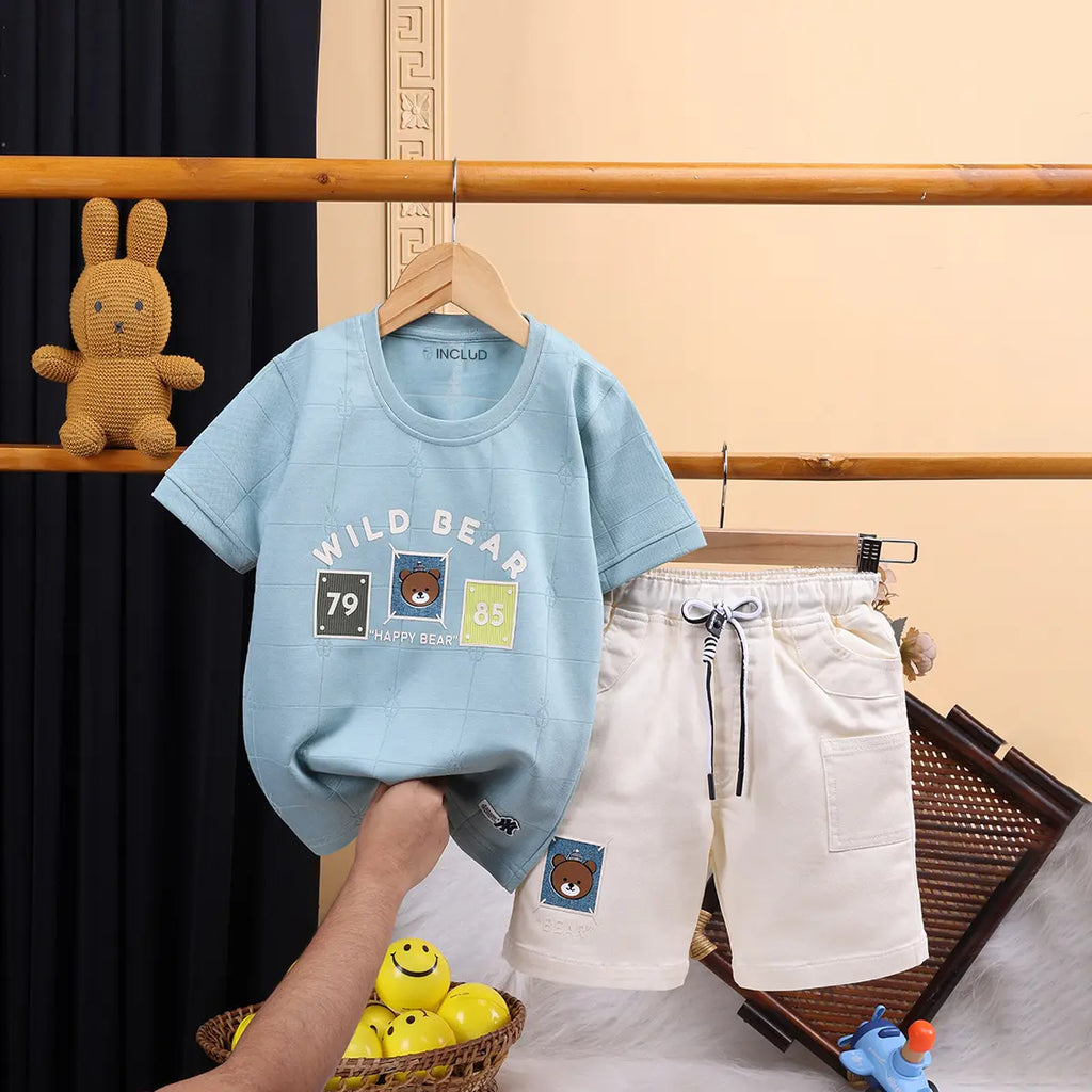 Boys Light Blue Bear Motif Short Sleeve T-Shirt With Shorts Sets Sets Light Blue 1-2 Y
