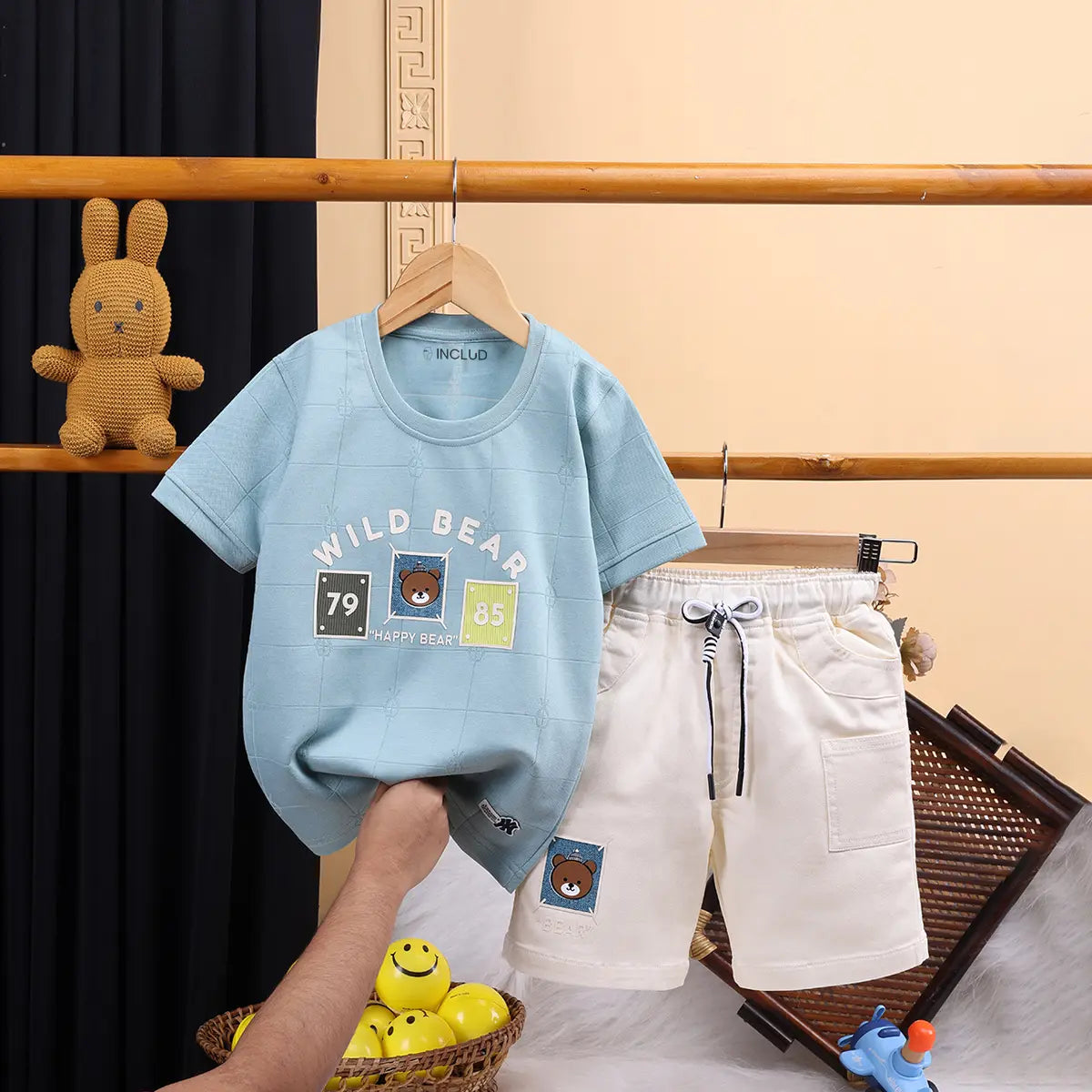Boys Light Blue Bear Motif Short Sleeve T-Shirt With Shorts Sets Sets Light Blue 1-2 Y