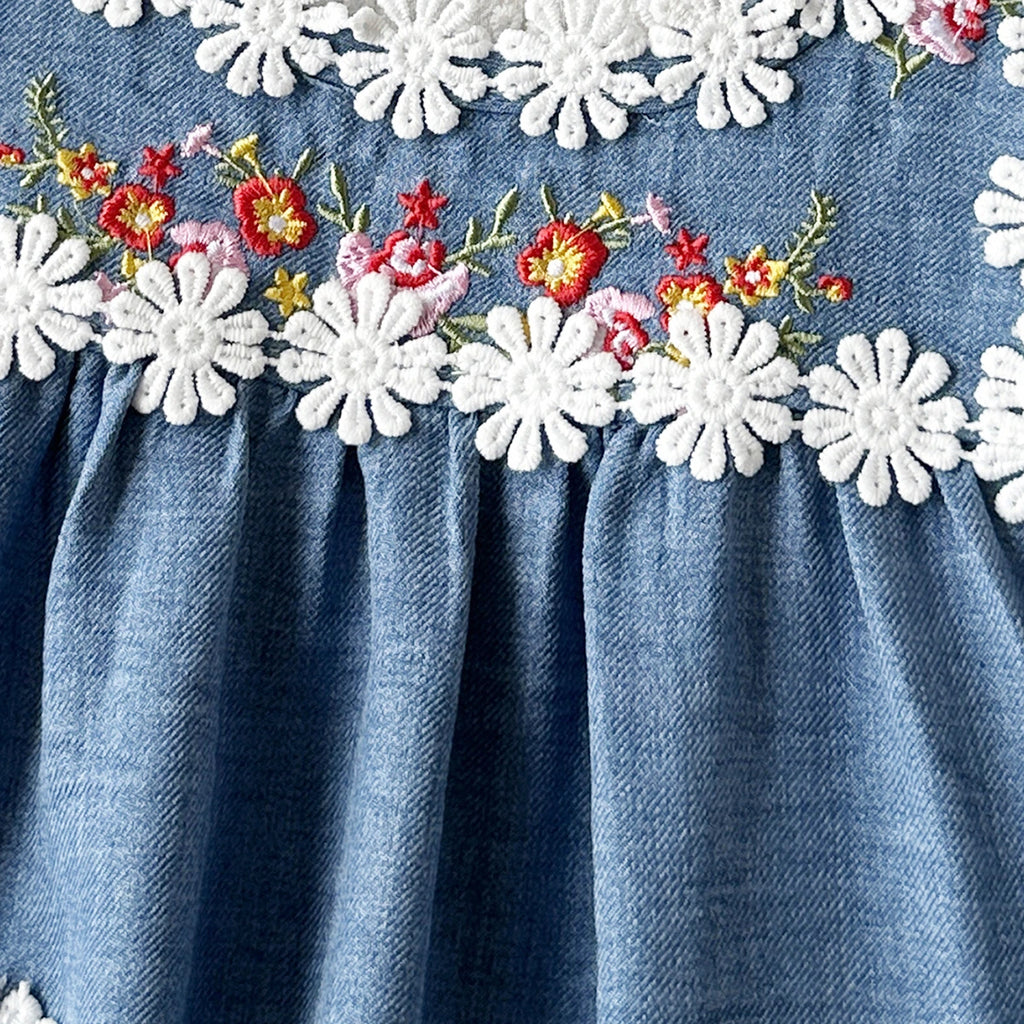Girls Blue Sleeveless Floral Embroidered A-line Dress Casual Dresses