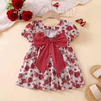 Girls Red Floral Print Puff Sleeve Dress Casual Dresses