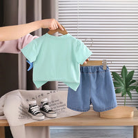 Boys Mint Green Shark Pirate Graphic Short Sleeve T-Shirt With Denim Shorts Sets 2 pc. Sets