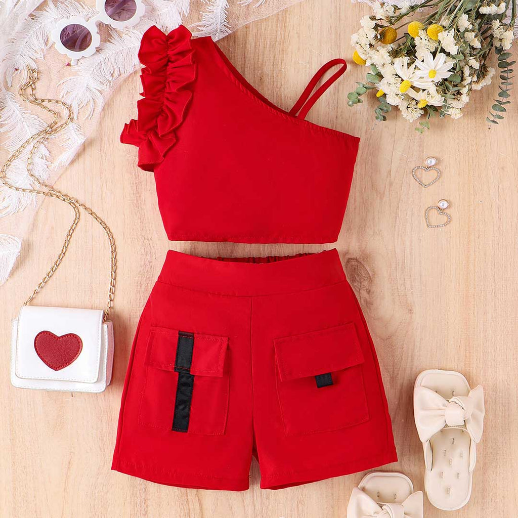 Girls One Shoulder Top With Double Pocket Shorts Set