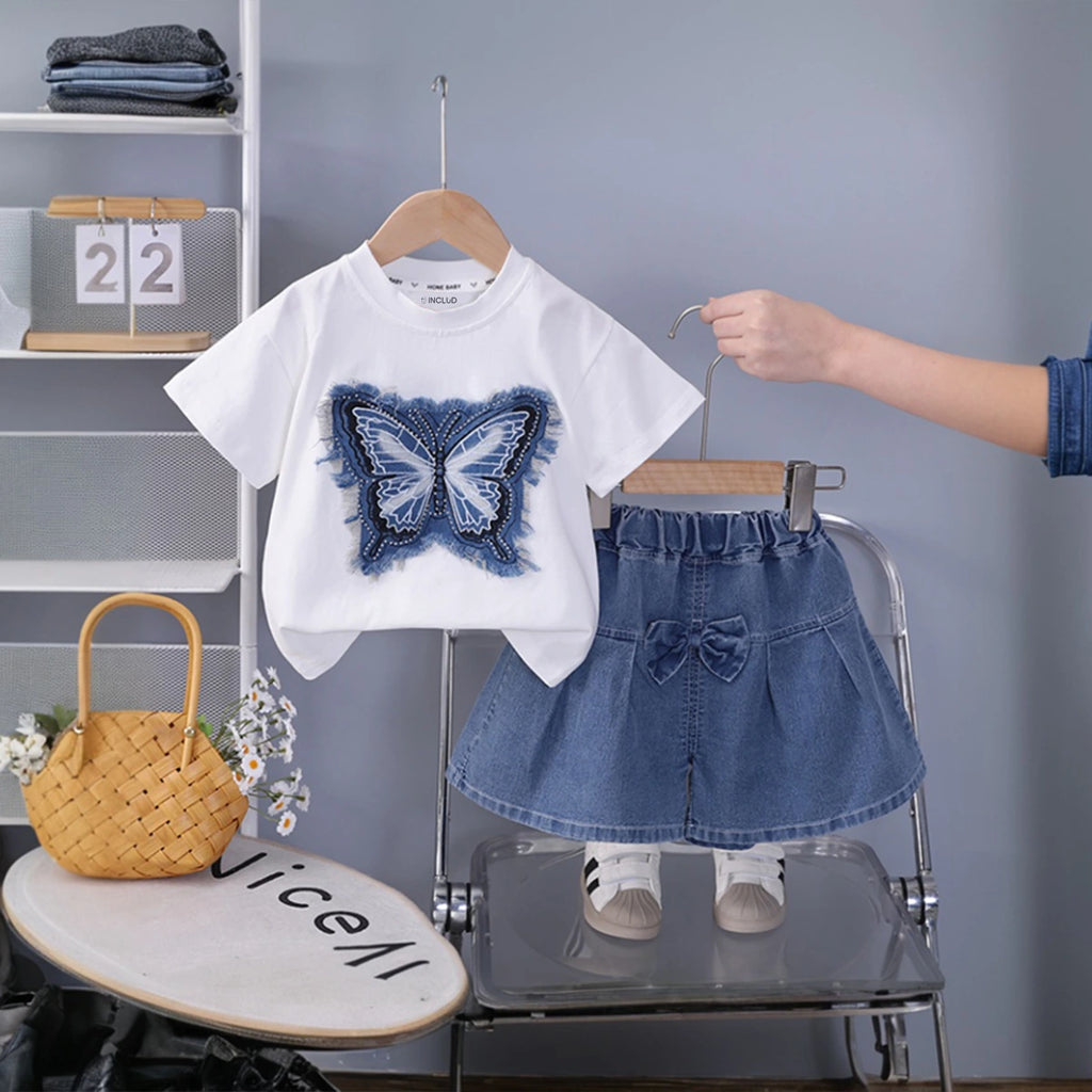 Girls White Butterfly Applique T-Shirt With Pleated Denim Shorts Set Sets White 1-2 Y