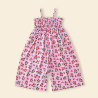 Girls Pink Sleeveless Floral Printed Smocked Long Length Jumpsuit Jumpsuits
