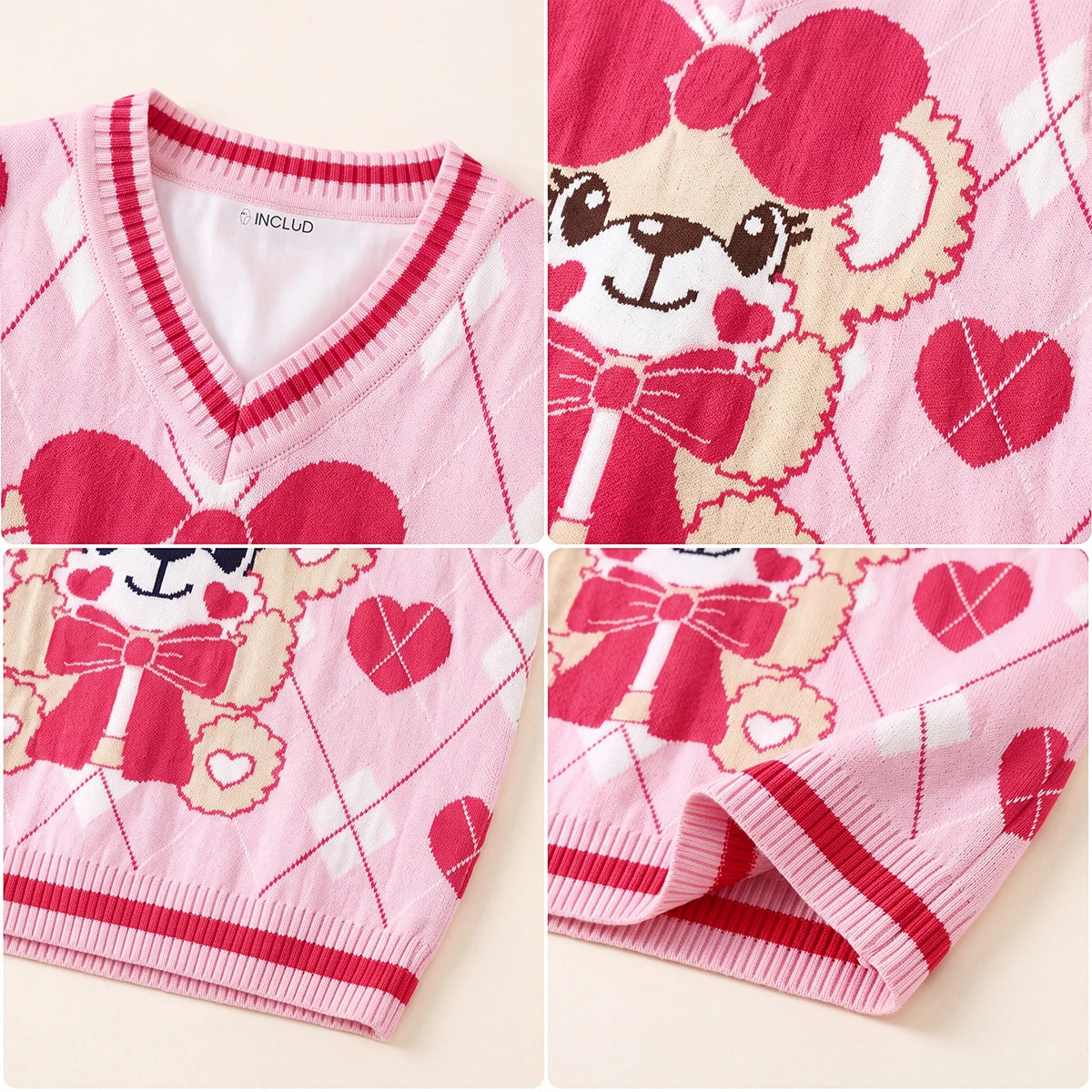 Girls Pink Bear Jacquard Sweater Vest Sweaters & Cardigans