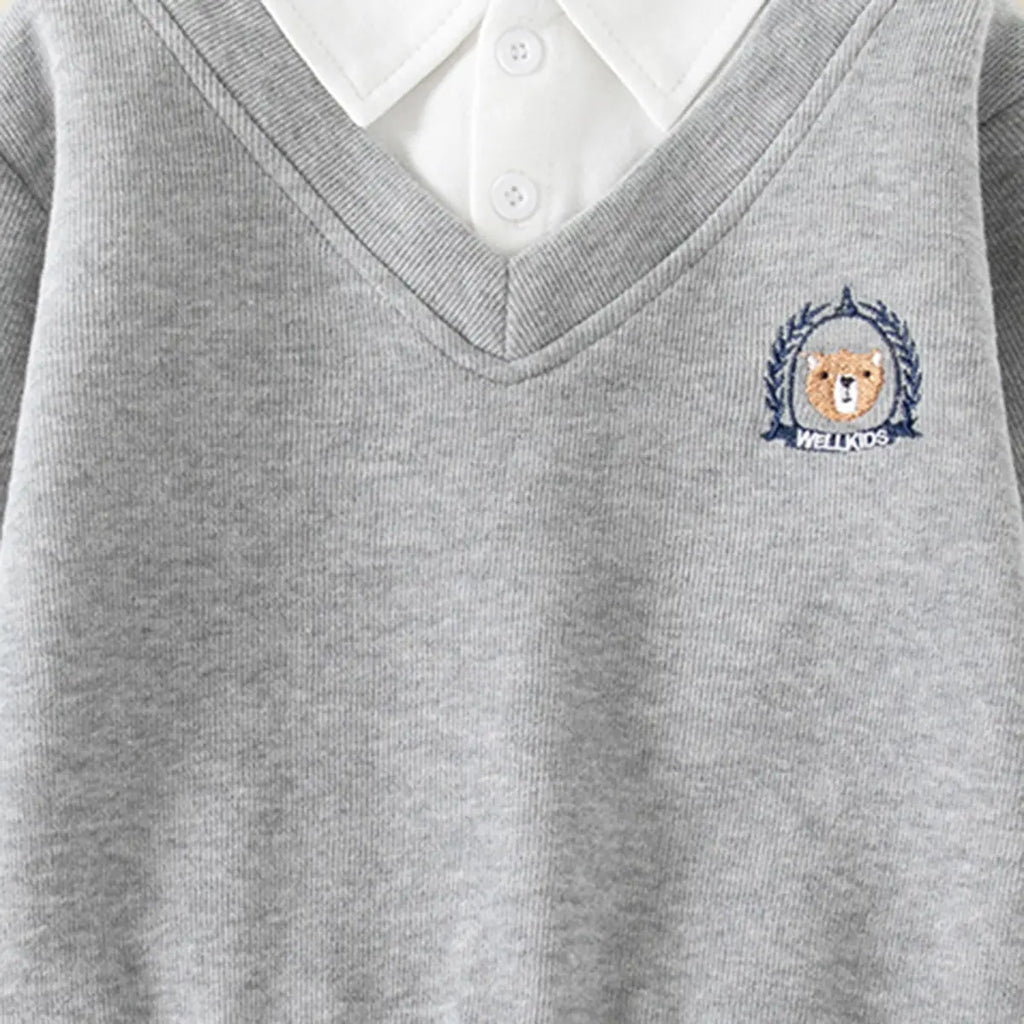Boys Grey Long Sleeves Sweater With Shirt Collar Sweaters & Cardigans
