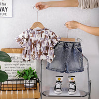 Boys Brown Typographic Print Short Sleeves T-Shirt With Denim Shorts Set Sets