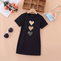 Girls Black Heart Print Short Sleeve T-Shirt Dress Casual Dresses Black 4-5 Y