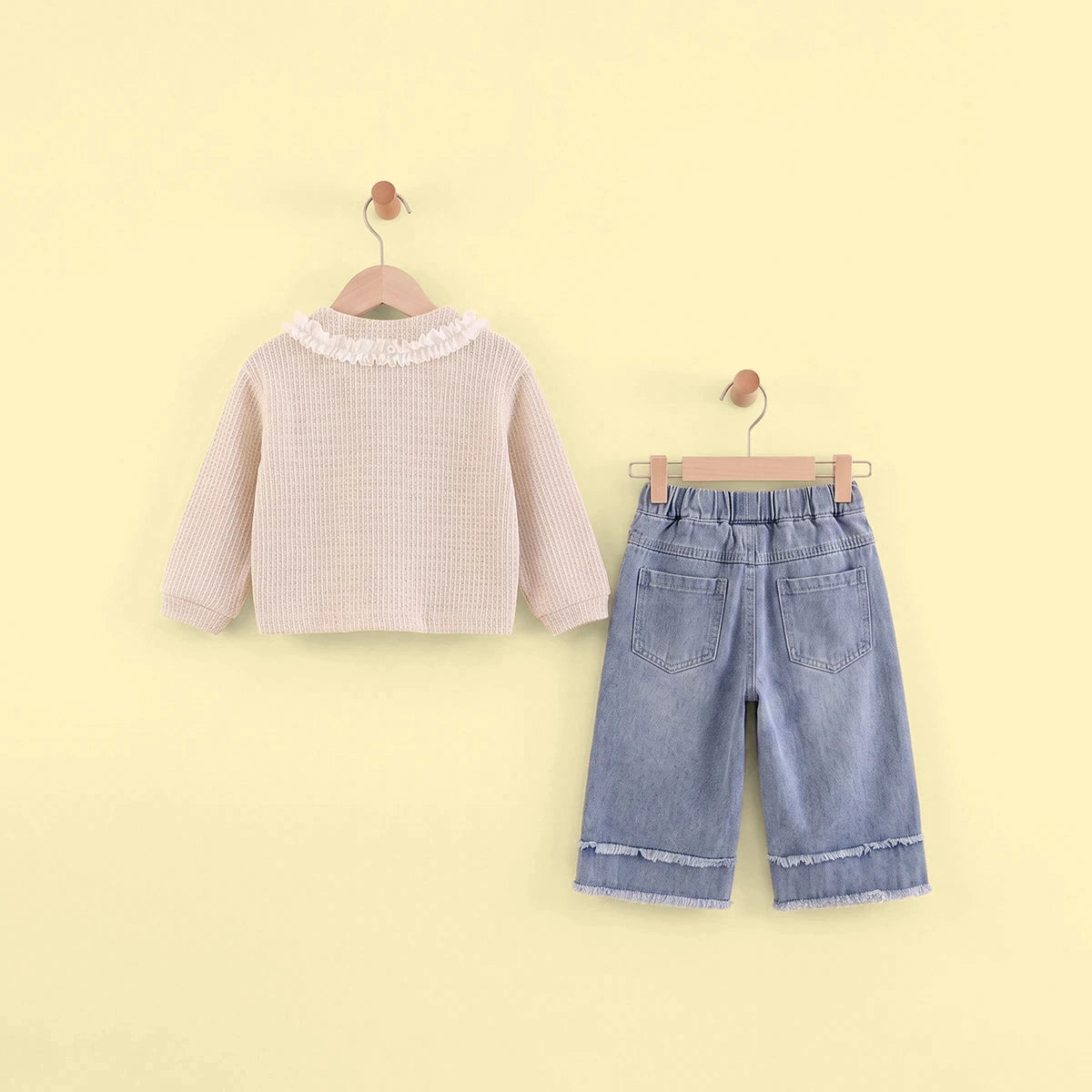 Girls Apricot Textured Long Sleeve Cardigan With Denim Pants Sets 2 pc. Sets