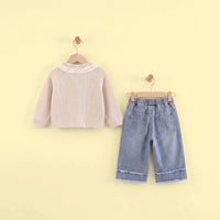 Girls Apricot Textured Long Sleeve Cardigan With Denim Pants Sets 2 pc. Sets