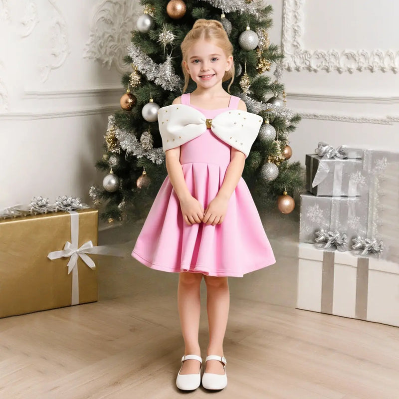 Girls Pink Sleeveless Fit & Flare Party Wear Dress With Elegant Bow Detail Party Dresses