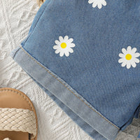 Girls Yellow 3D Flower applique Sleeveless Cami Top With Printed Denim Shorts Sets 2 pc. Sets