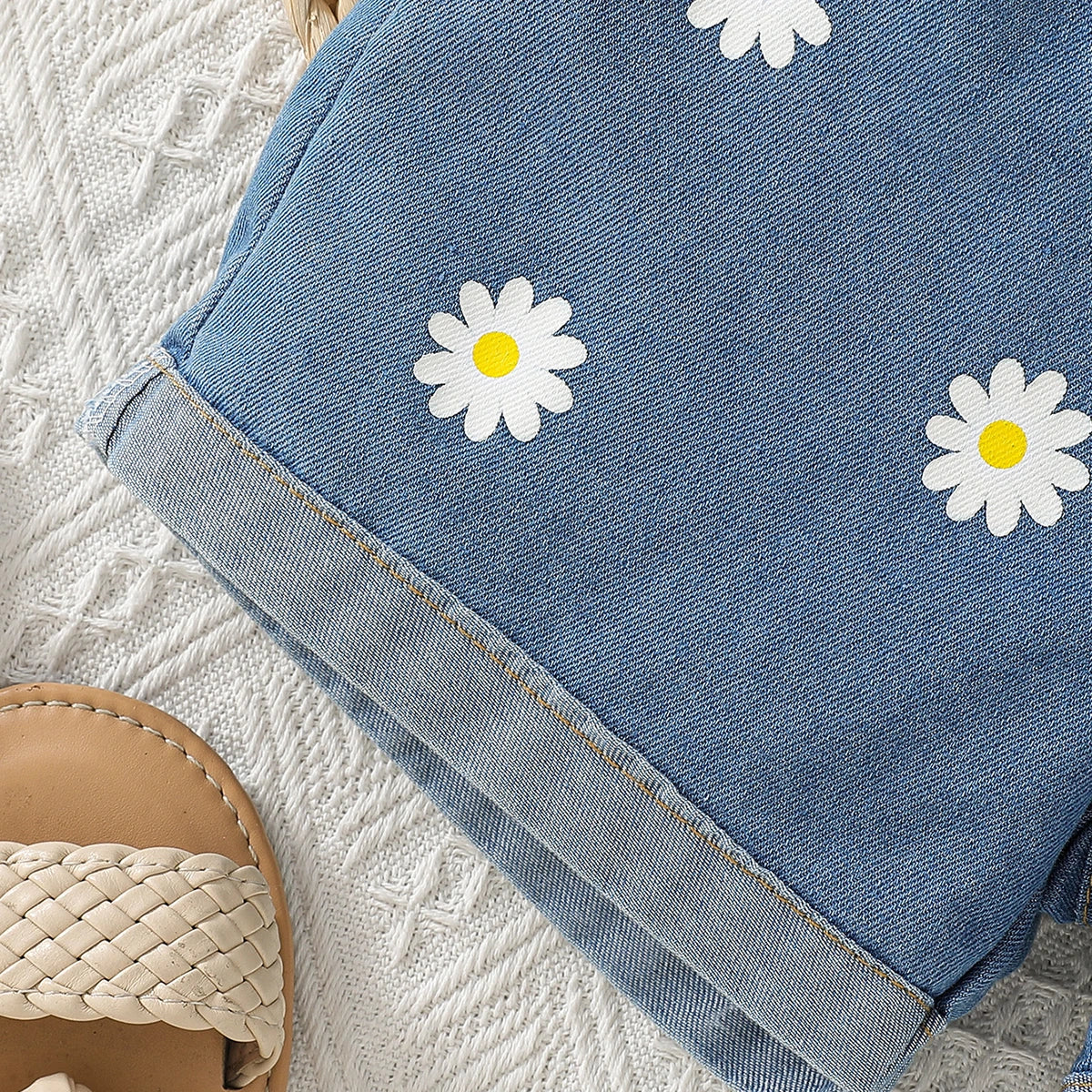Girls Yellow 3D Flower applique Sleeveless Cami Top With Printed Denim Shorts Sets 2 pc. Sets