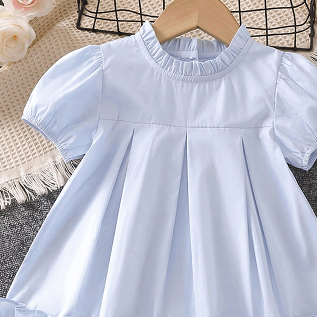 Girls Light Blue High-Neck Frilled Dress with Tiered Ruffle Hem Casual Dresses