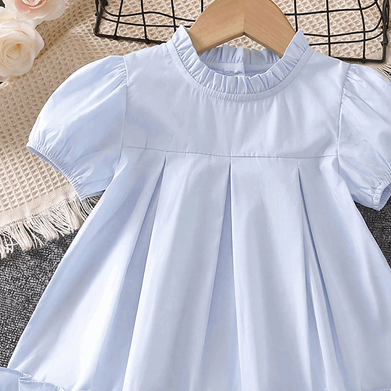 Girls Light Blue High-Neck Frilled Dress with Tiered Ruffle Hem Casual Dresses