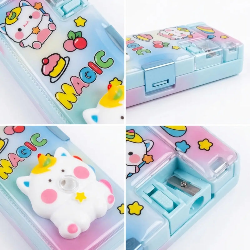 Unicorn Cat Cartoon Magnetic Pencil Box with Sharpener Cute Kids Stationery Organizer Trending Accessories
