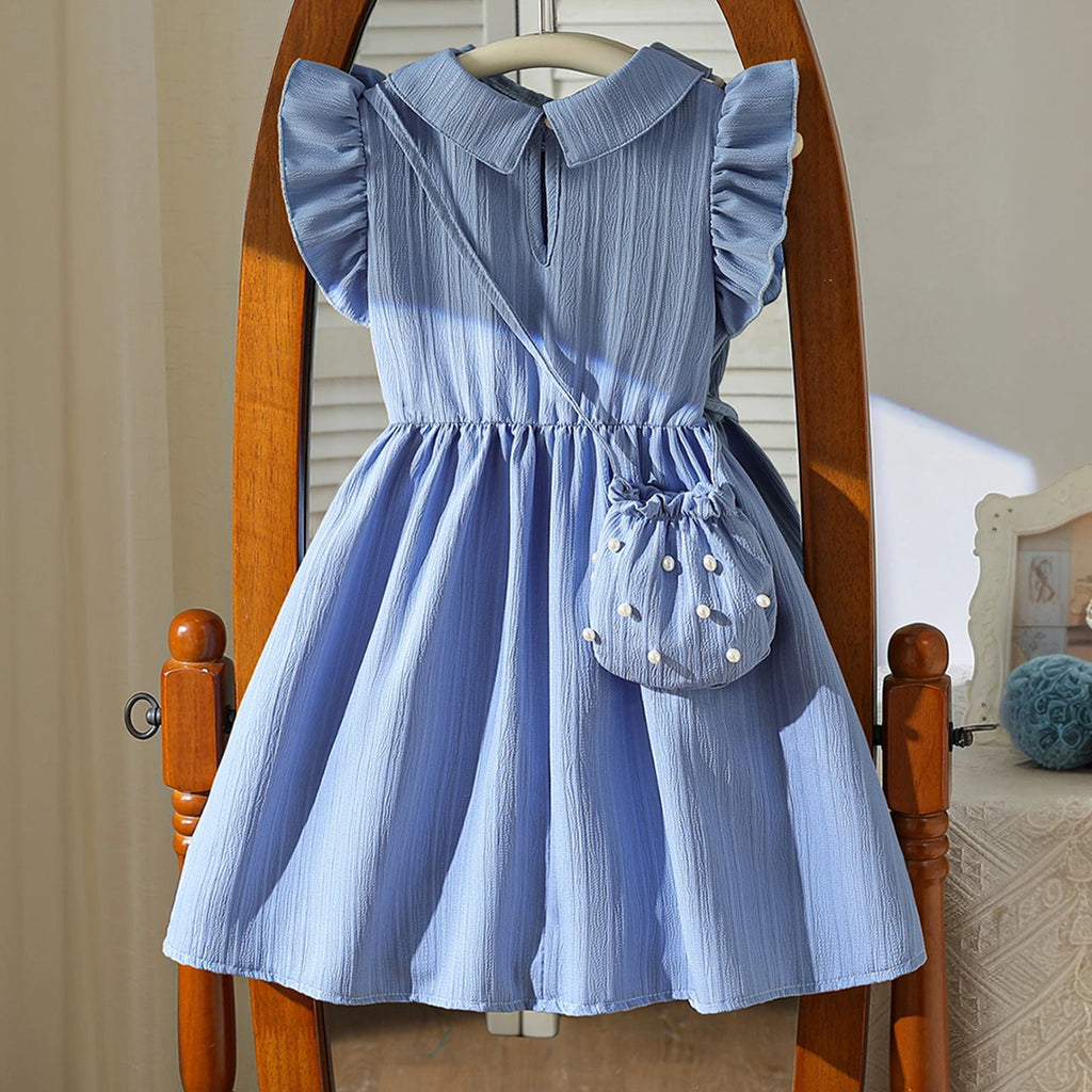 Girls Blue Textured Fit & Flare Dress With Embellished collar Casual Dresses