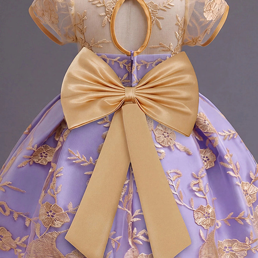 Girls Purple Floral Embroidered Fit & Flare Party Wear Dress Party Dresses