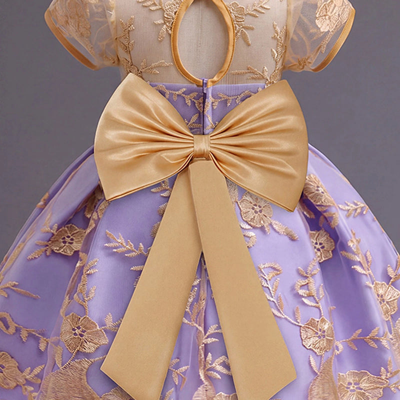 Girls Purple Floral Embroidered Fit & Flare Party Wear Dress Party Dresses
