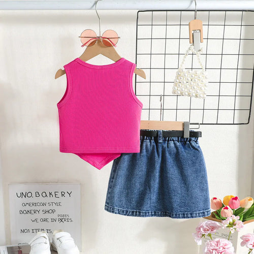 Girls Fuchsia Embellished Ribbed Sleeveless Top With Denim Skirt Sets Sets